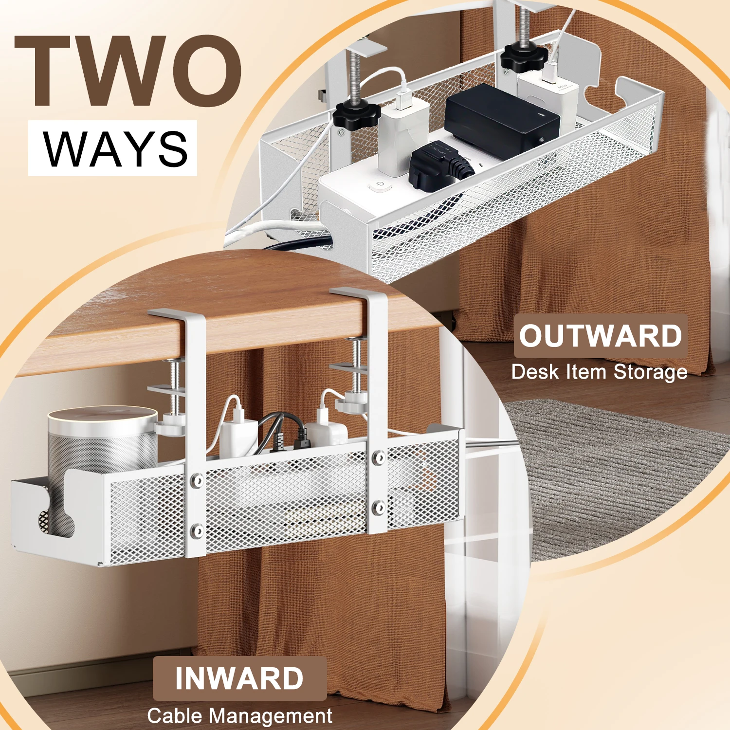 Description Picture 6 of itemUnder Desk Shelf Basket Organizer Kitchen Storage Cabinet No Drilling Extendable Under-desk Cable Management Rack Adjustable