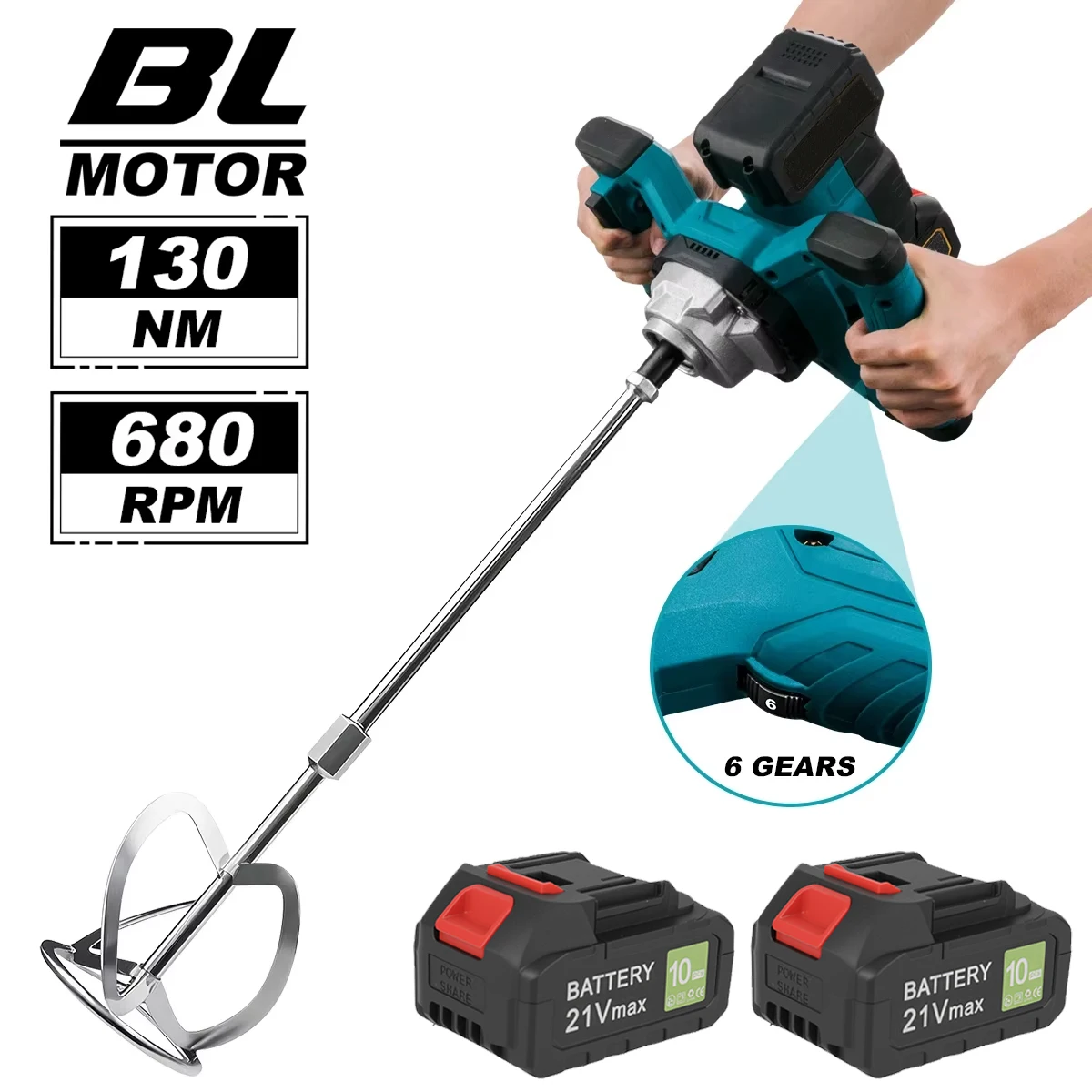 Bürstenloser elektrischer Betonmischer, 6-Gang, kabellos, für Zement, Mörtel, Putz, Farbe, kompatibel mit Makita 21V Akku.