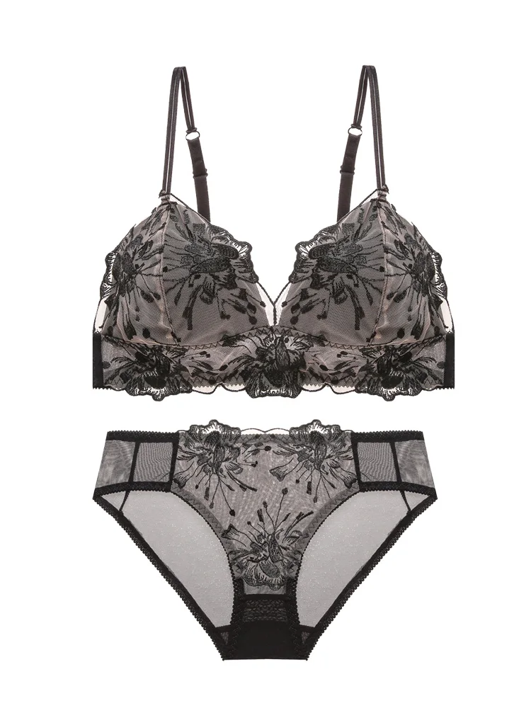 Embroidered lace sexy bralette no steel ring triangle cup lingerie large size women ultra-thin underwear set breathable bra