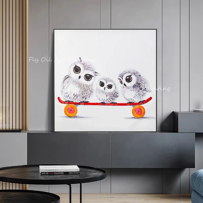 

100% Handmade owl animal with skateboard grey canvas picture large sizse oil paiinting for living room decoration