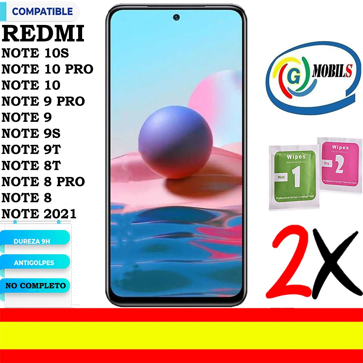 2 X Compatibile Xiaomi Redmi Note 10S, Note 10 Pro, Note 10 5G, Note 10, Note 10, Note 9 Pro, Note 9, Note 9S, Note 9T, Nota 8T, Nota 8 Pro, Nota 8, N