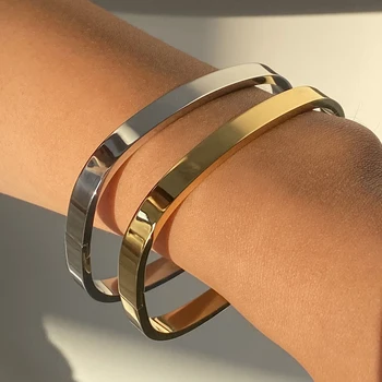 High Quality Square Wide Bangle Gold Silver Stainless Steel Waterproof Bracelet