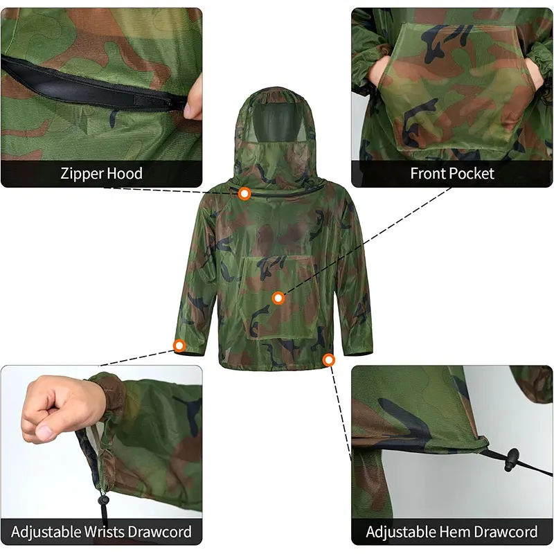 Woodland Camouflage Anti-mosquito Beekeeping Suit Camping Disguise Beekeeper Mesh Hood Hunting Ghillie Suits Fishing Clothes