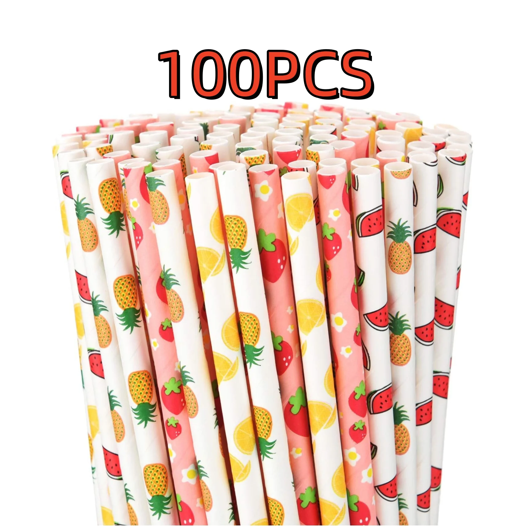 100pcs Paper Straws Fruit Pattern Drinking Straws Strawberry Pineapple Orange Paper 7.75 Inches Hawaiian Party Drinking disposable paper straws