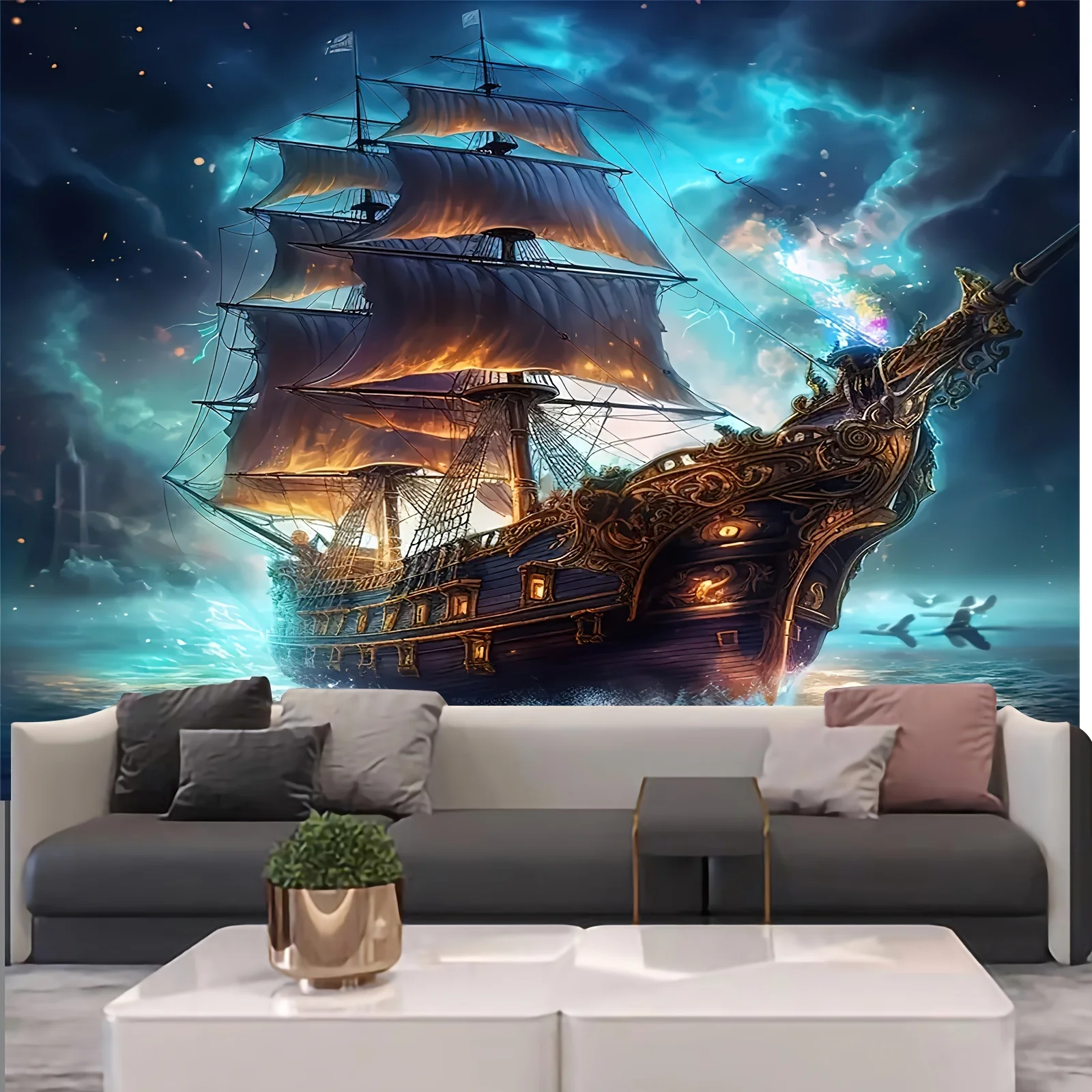 1 Piece Charming Pirate Ship and Ocean Scene Tapestry Wall Hanging, Perfect for Living Room, Bedroom, Office Decor, Home Decor