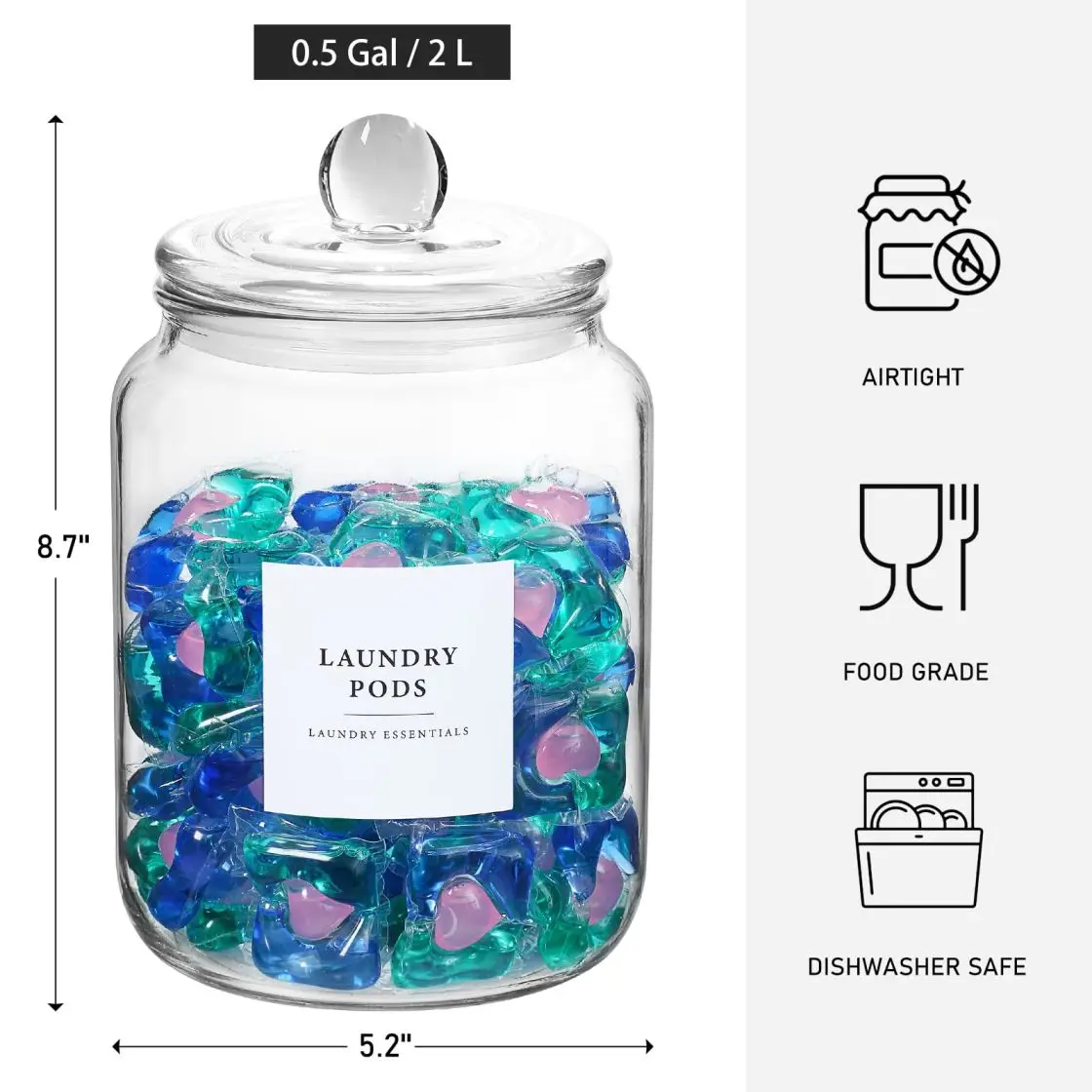 Glass Jars With Airtight Lids And Labels, Half Gallon Storage Containers With Spoons For Laundry Detergent, Pods, Scent Booster