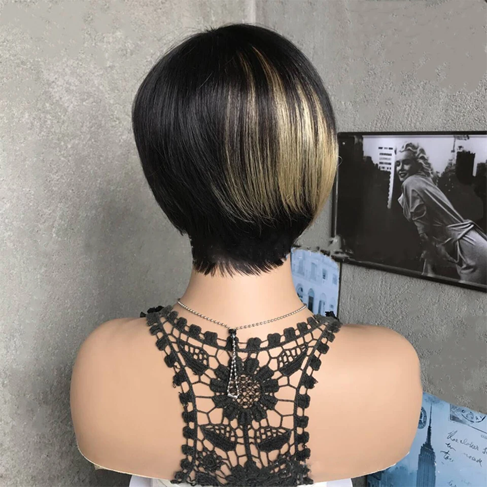 Ombre Pixie Cut Wig With Bangs Brazilian Virgin Human Hair Full Mahine Made Wigs-Short Straight Bob Style For Women