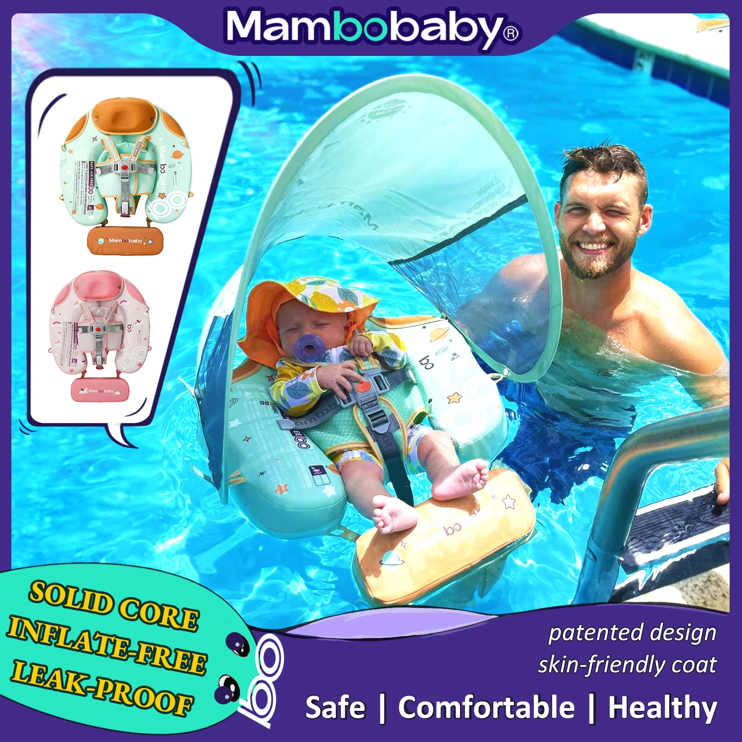 Mambobaby Baby Foldable Float Inflatable Free Sun Canopy Safe Crotch Strap Pool Swim Ring Swim Tube Children's Sea Wheel swimming ring swimming pool float swimming float seat