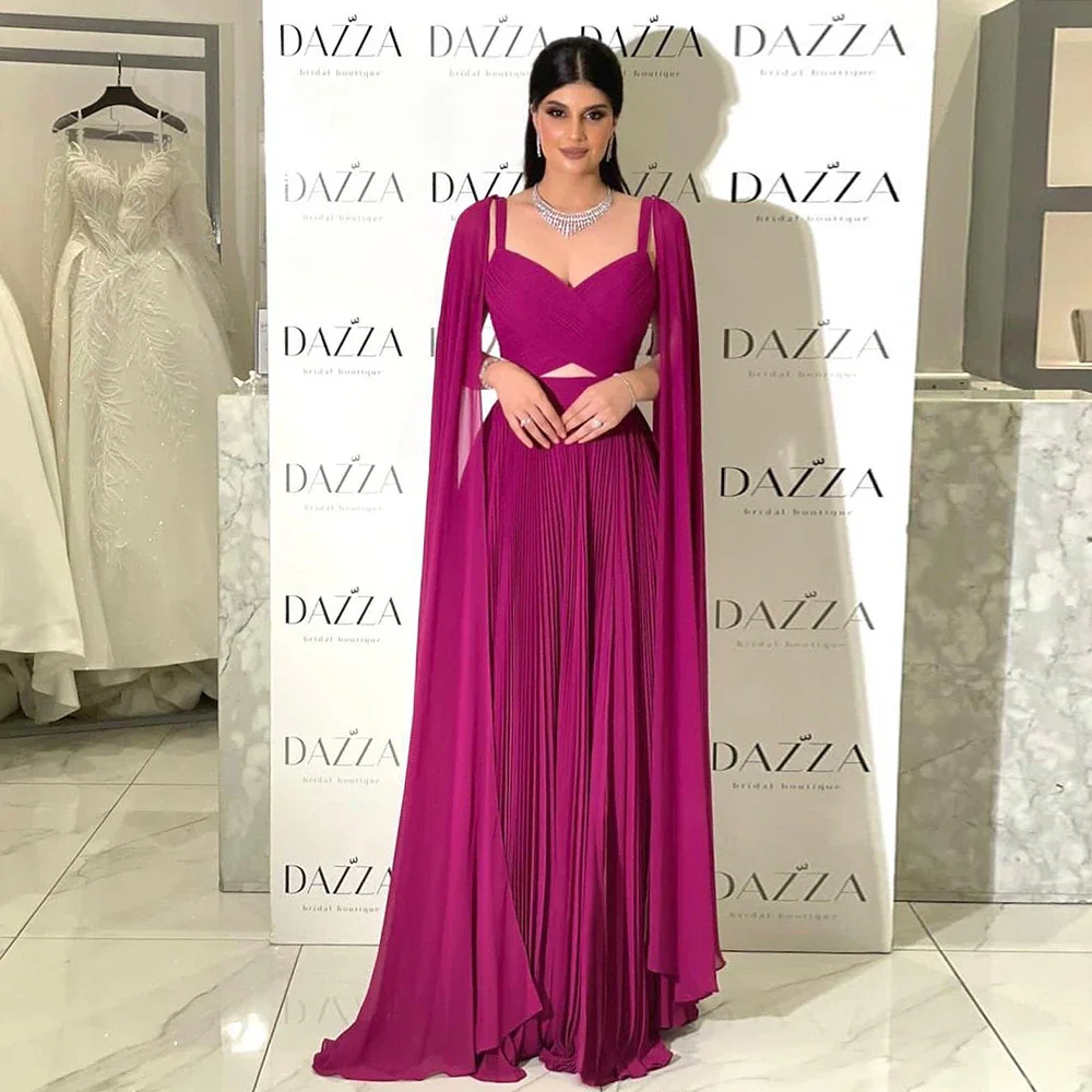 

15625# Elegant Arabic Fuchsia Pleat Chiffon Dubai Evening Dresses With Cape Sleeves Wedding Party Formal Gowns For Women