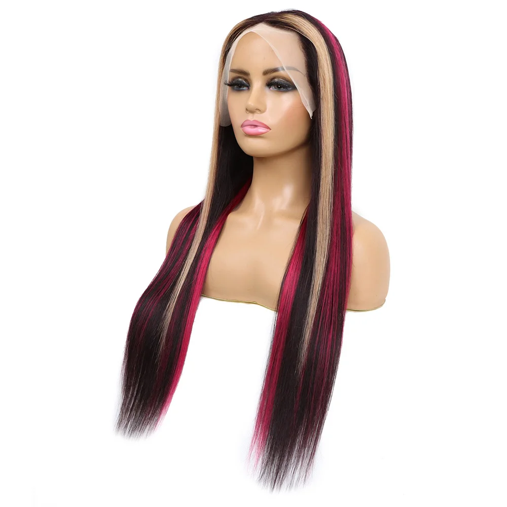 Straight 13x4 Lace Front Human Hair Wig Black With Red & Blonde Highlights  Perruques Cheveux Humains Skunk-Stripe Brazilian Wig - AliExpress
