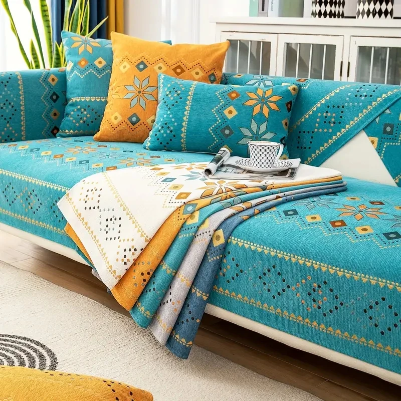 Pet Friendly Bohemian Chenille Sofa Cover Geometric Embroidered Thick Plush Sofa Protector Cover Non Slip Couch Covers 2