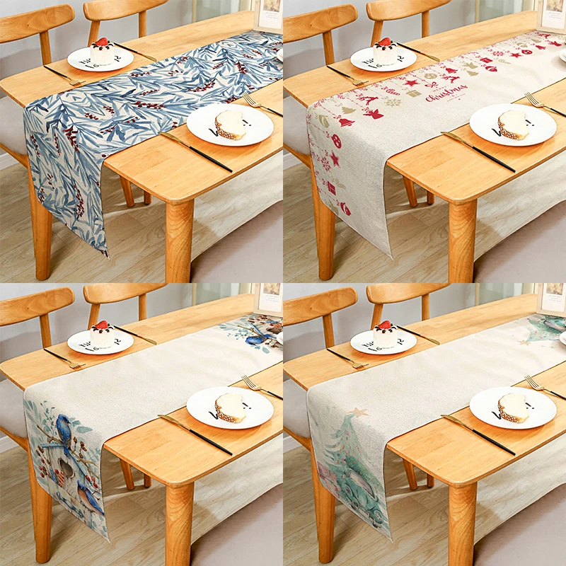 

Merry Xmas Gingerbread Man Snowman Birds On Berry Trees Decorative Table Runner for Dining Table Festival Party Multiple Size