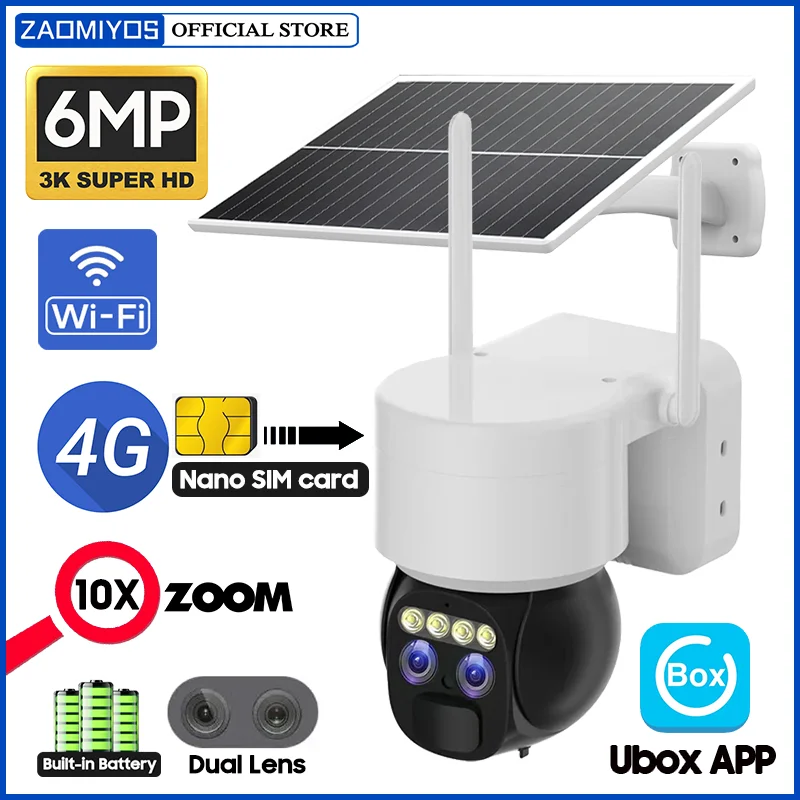 

Камера Наружного видеонаблюдения ZAOMIYOS, 6 МП, 4K, 4G, SIM, 360 PZT, 10-кратный зум, двойной объектив, водонепроницаемая, Wi-Fi, IP-камера с ночным видением