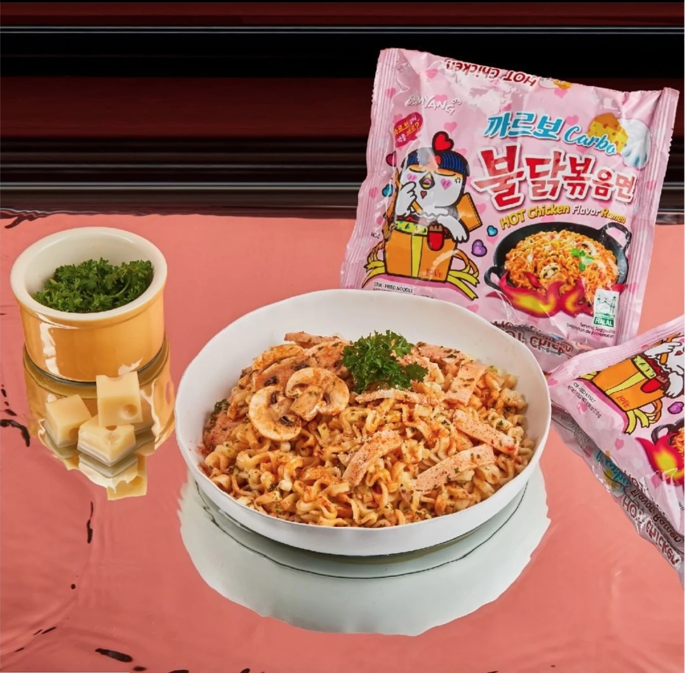 Lote 5 Ramen Coreano y 2 Palillos de Bambú WikiMark. Incluye Samyang Noodles Carbonara, Samyang Cheese, Samyang Hot Chicken, Samyang Hot Taste of