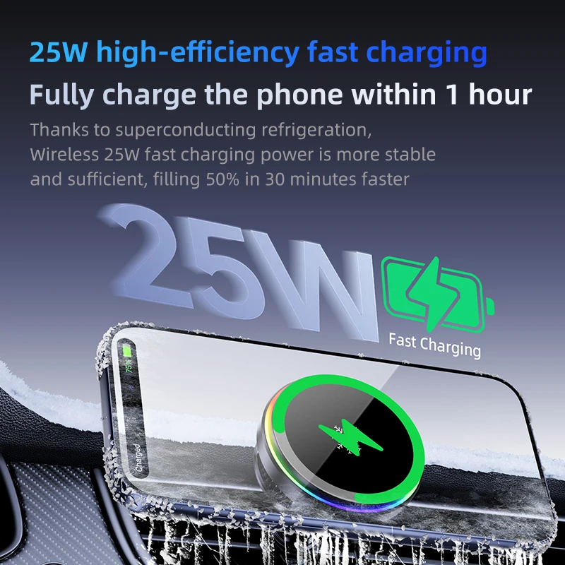 25W 냉각 강화유리 RGB 마그네틱 무선 차량용 고속 충전기 라디에이터, Magsafe 아이폰 12-17 폰 홀더에 적합
