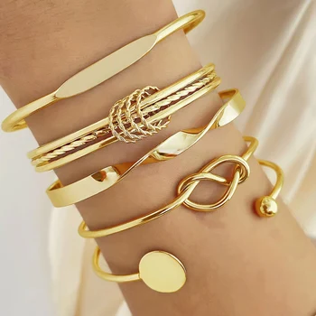 5PCS Set Punk Trendy Multilayer Bangles for Women Elegant Delicate Knots Gold Color Fashion Bangles Jewelry Party Jewelry Set