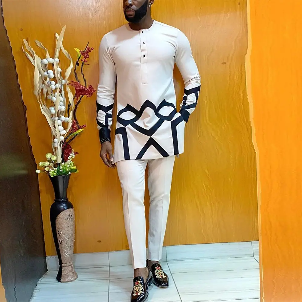 New Matching Sets African Men's Suits Dashiki Solid Color Hot Brick Tops and Pant Sets 2 Piece Sets Men Outfit  Men's Clothing