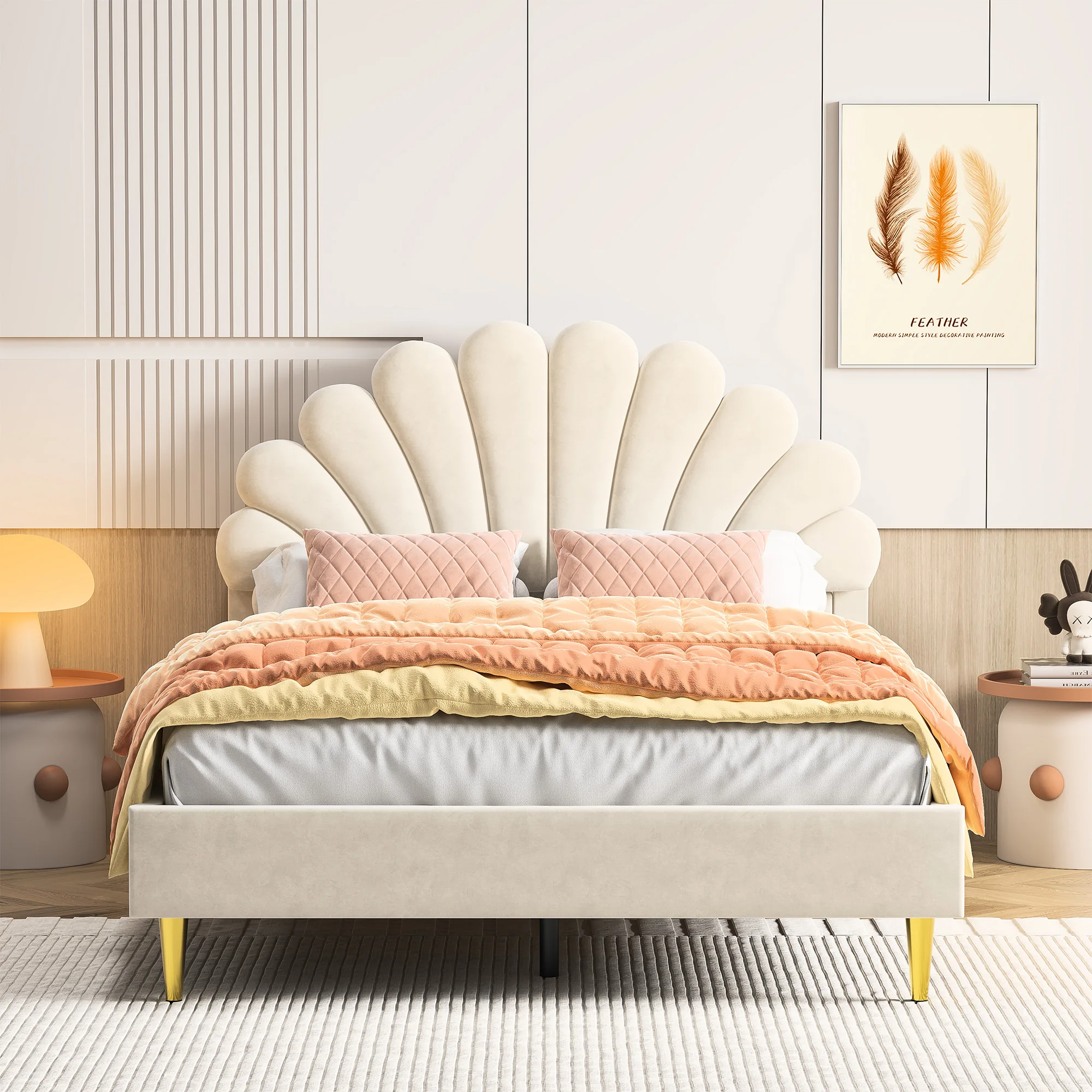 Rosahqnda Kinderbett Einzelbett Polsterbett 90x200cm, Blumenförmiges Kopfteil und Lattenrost,Samtstoff,Mädchenbett,Ohne Matratze – Detail 27