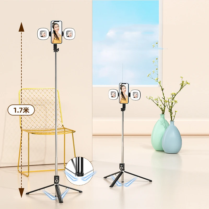 1.7M Extended Version Bluetooth Selfie Stick Double Fill Light Tripod with Remote Shutter for Android IOS Cell Phone