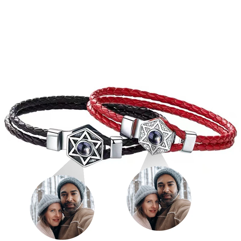 Customized Bracelets Photo Projection Bracelet 925 Silver Personalized Hexagram Custom Picture Couple Rope Chain Bangles For Him