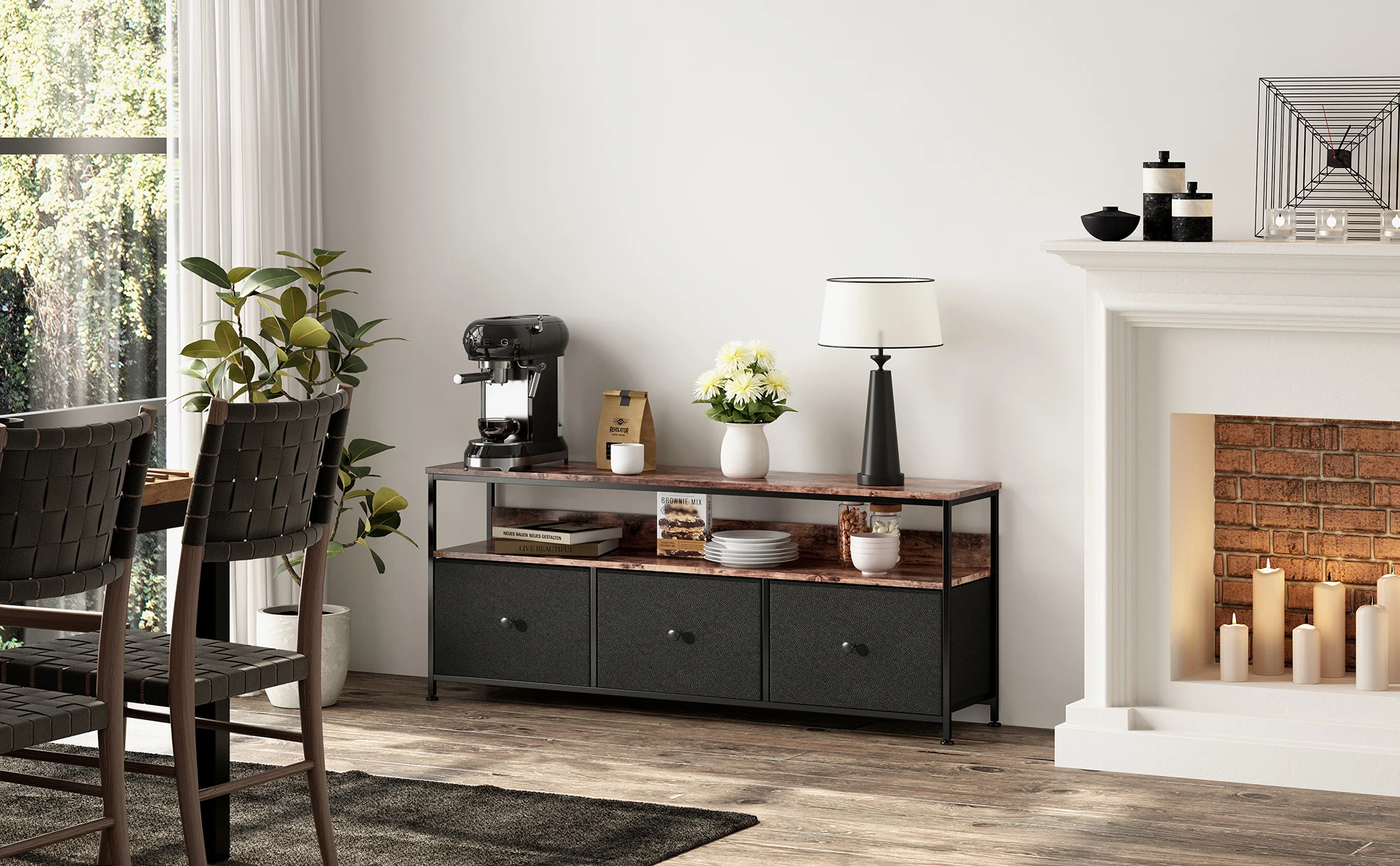 TV-Ständer aus Holz mit 3 Stoffschubladen, offenem Regal, LED-Beleuchtung, Kommode, Medienkonsole für Wohnzimmer, Schlafzimmer – Detail 2