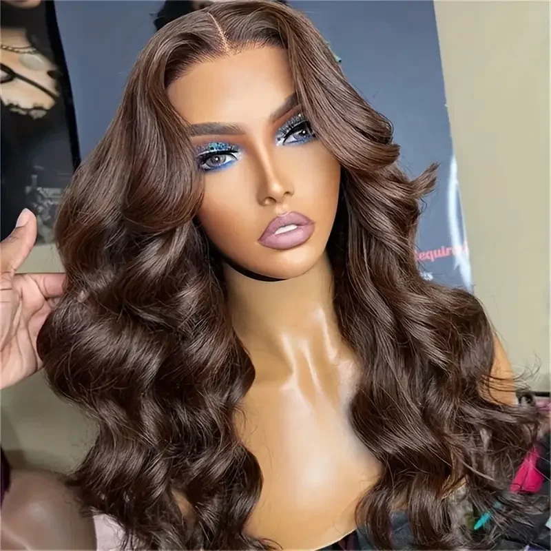 250% Density 13X4 Body Wave Transparent Lace Front Wigs Human Hair Chocolate Brown Color Pre Plucked Transparent Lace Wigs