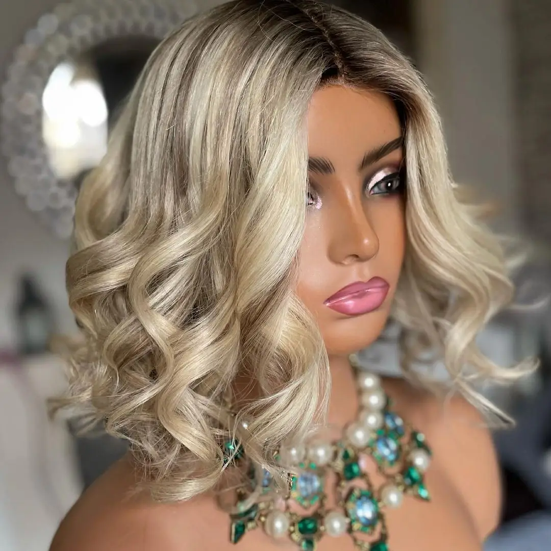 12&rdquo; Creamy Blonde Ombre Wavy Short Bob Wig Melting Roots Premium Virgin Human Hair Wig HD Invisible 13x6 Lace Front 150%