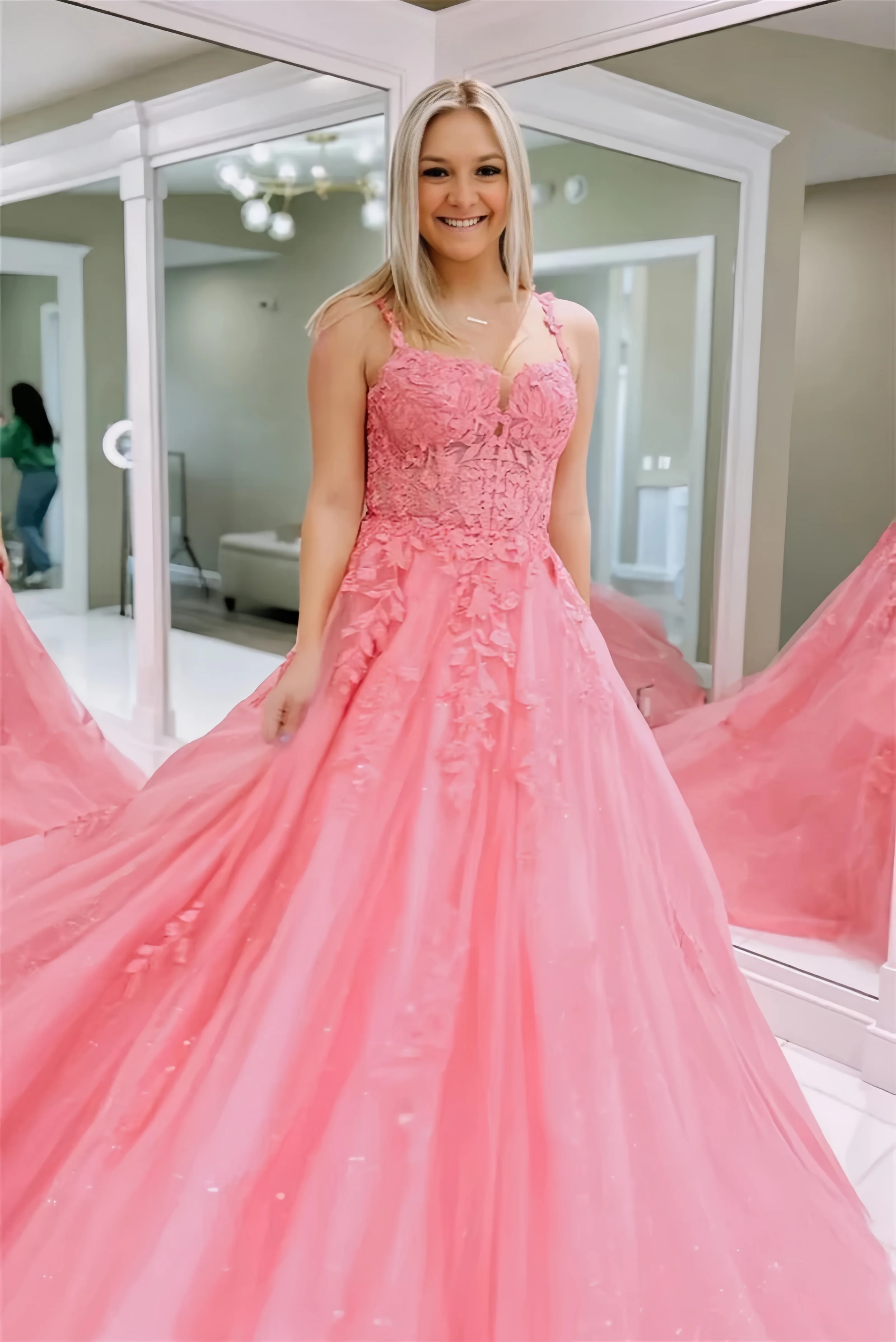 

Sparkly Pink Spaghetti Strap Lace Prom Dress Long With Applique A Line Lace-Up Back Formal Evening Dresses Party Gown Women