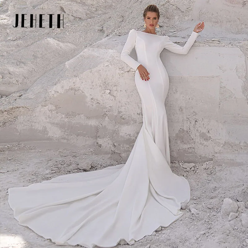 

JEHETH O-Neck Mermaid Wedding Dress Elegant Long Sleeves Sexy Backless Bridal Gown SImple Floor Length Satin Vestidos De Novia