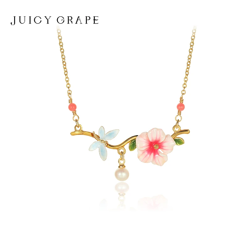 

Juicy Grape 18K Gold Plated Collarbone Necklace For Women Dragonfly Hibiscus Enamel Flower Necklace Pendant Pearl Dangle Gifts
