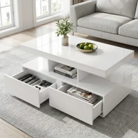 Table basse rectangulaire à deux tiroirs, haute brillance, éclairage LED, style européen, multifonctionnelle, pour salon, blanche 1