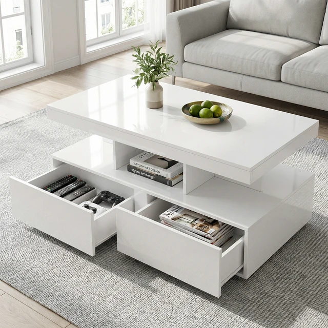 Table basse rectangulaire à deux tiroirs, haute brillance, éclairage LED, style européen, multifonctionnelle, pour salon, blanche 1