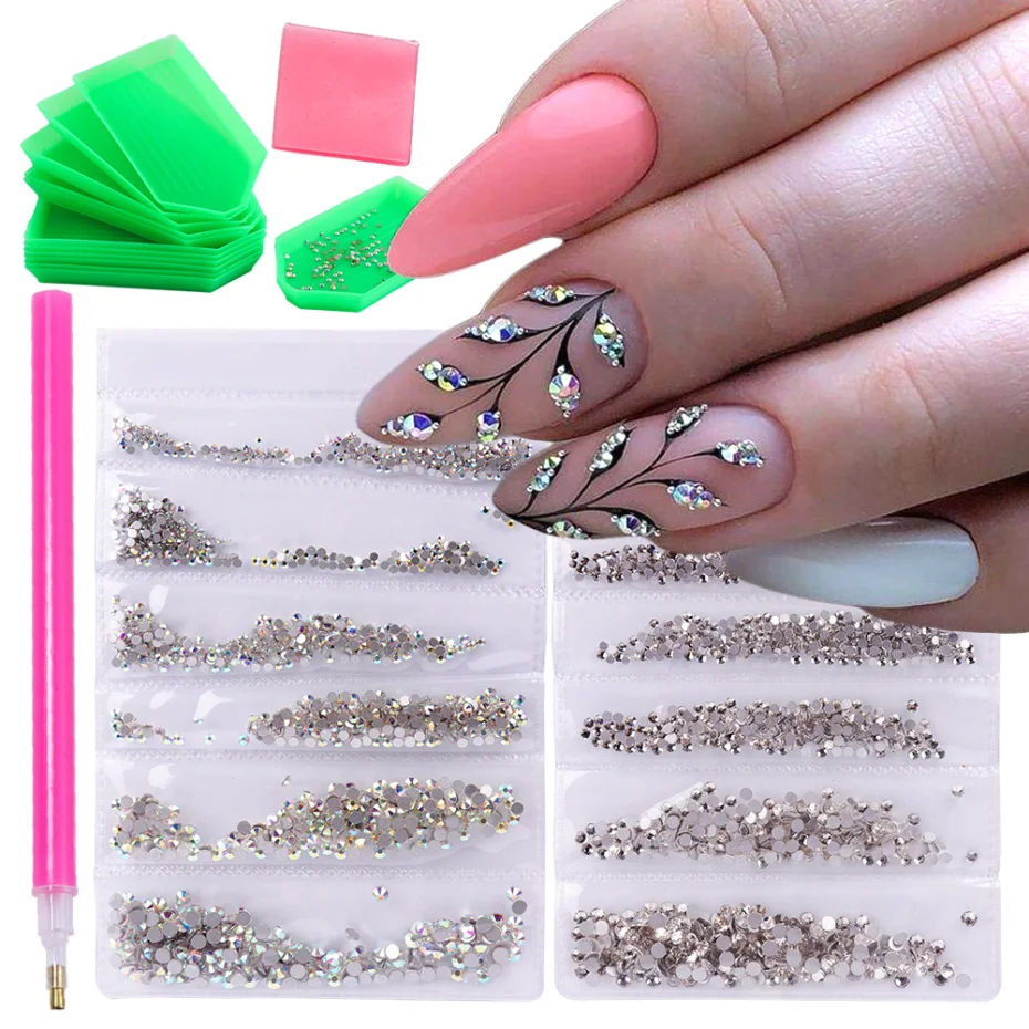 Top quality SS3-SS40 Clear Crystal White 3D Nail Art Decoration rhinestones  Silver Flatback Rhinestones Glitter Gems