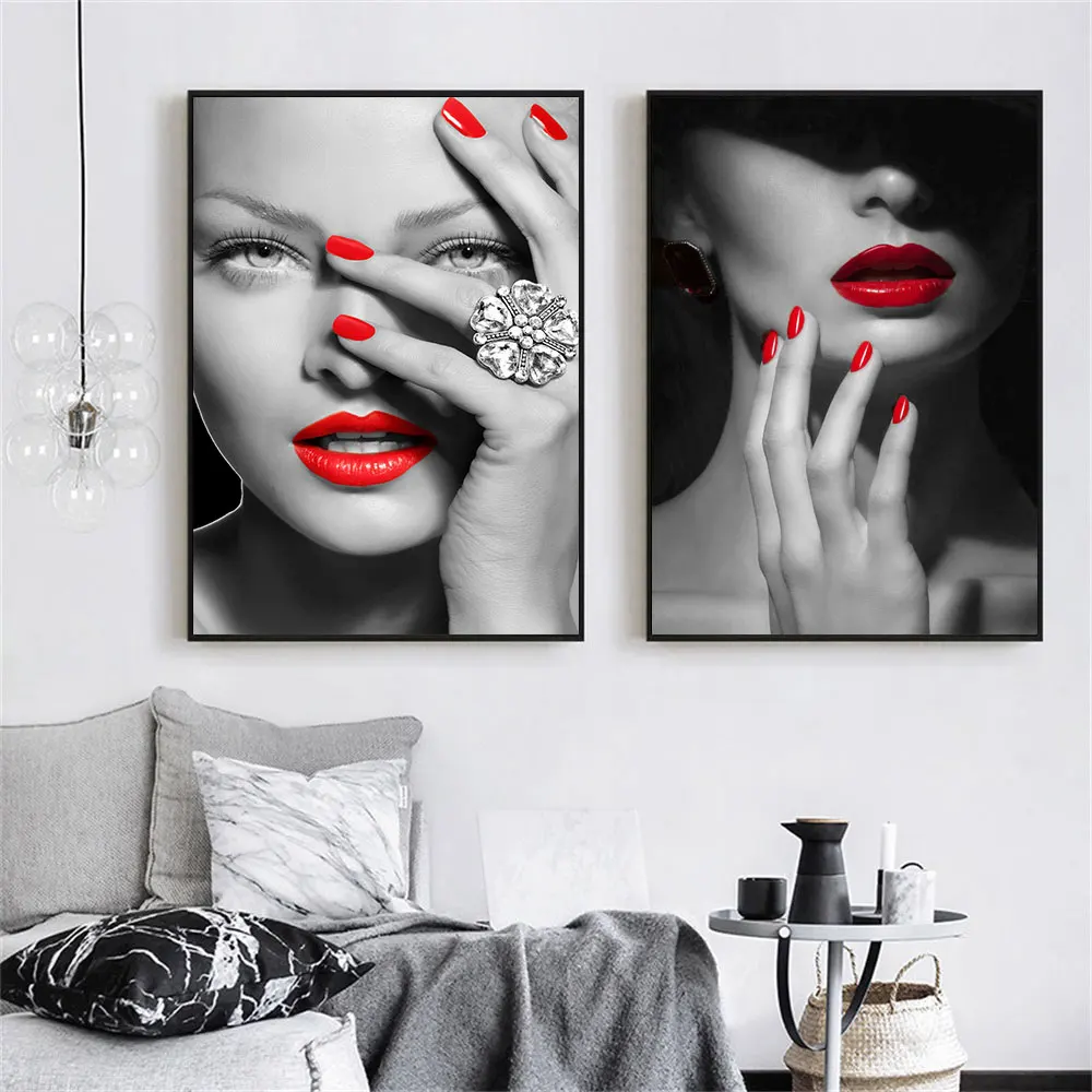 

Modern Fashionable Makeup Women Posters Canvas Print Wall Art Red Lips and Manicure Painting for Living Room Home Decoration