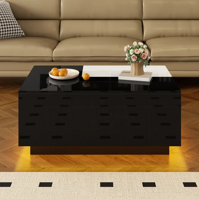 Table basse noir et blanc brillante avec LED, plateau extensible, espace de rangement, MDF, 80x50x35,5 cm, pour salon, petit appartement 1