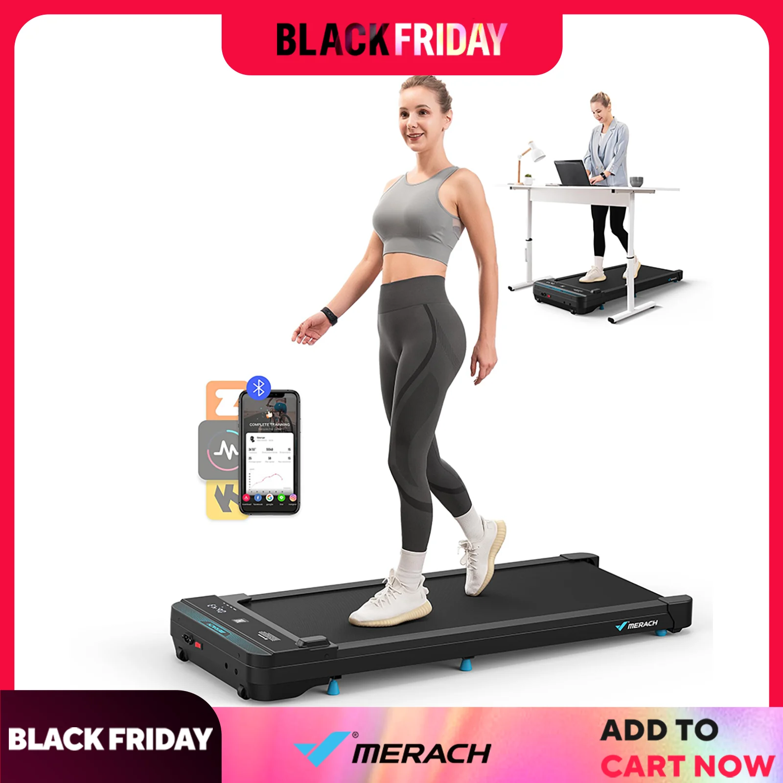 MERACH Walking Pad Small Treadmill for Home&Office Under Desk Treadmill with Max 3.8MPH 40 dB 2in1 Quiet Portable Mini