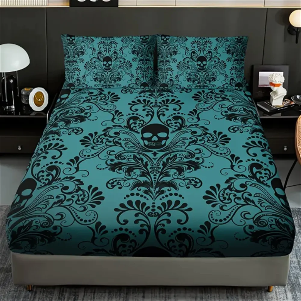 Skull Floral Design 3-Piece Bed Sheet Set - 100% Polyester, Digital Print, Breathable All-Season Fitted Sheet and Pillowcase Set 3