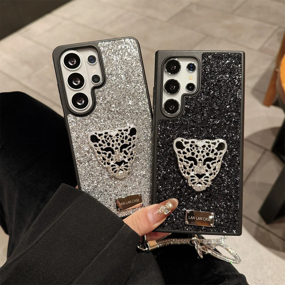 Diamond 3D Leopard Luxury Phone Case with Hand Strap - Fashionable Shockproof Cover