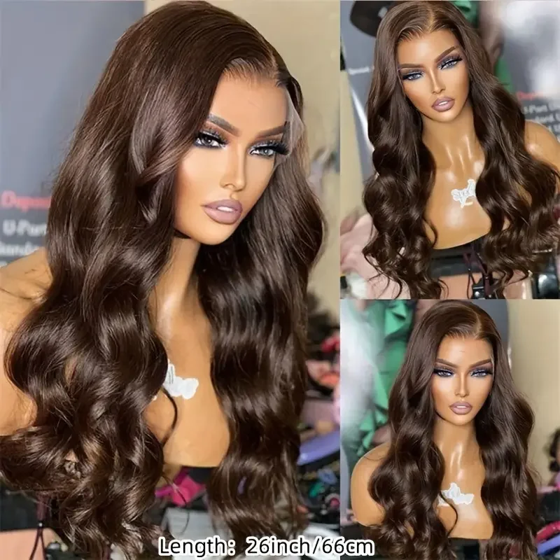 250% Density 13X4 Body Wave Transparent Lace Front Wigs Human Hair Chocolate Brown Color Pre Plucked Transparent Lace Wigs
