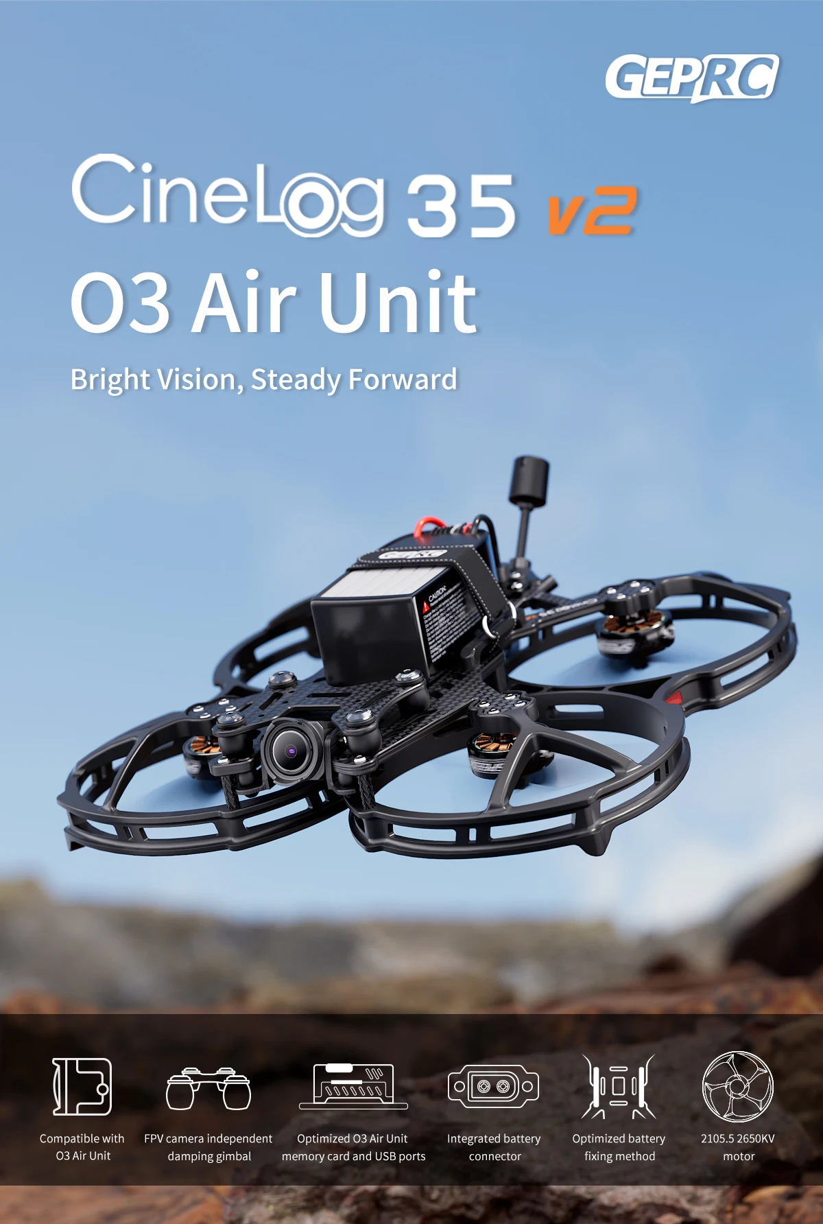 GEPRC Cinelog35 V2 Analog FPV Drone, GEPRC Cinelog 35 V2 03 Air Unit Bright Vision; Steady Forward