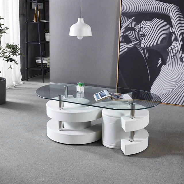 Mesa de centro de cristal para sala de estar, mesa de centro moderna con  tapa de vidrio templado negro blanco
