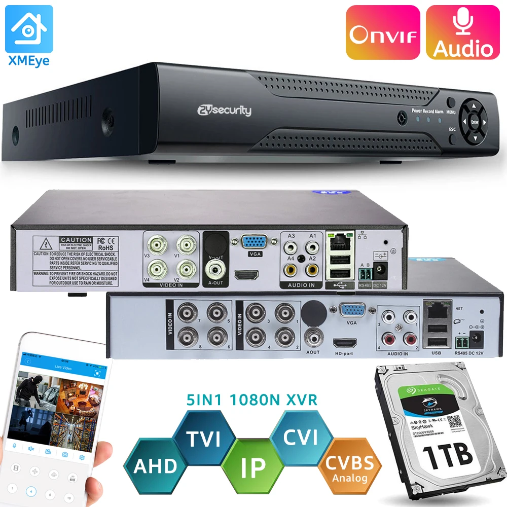

4-канальный 8-канальный видеорегистратор Onvif H.264 5-в-1 Гибридный аудио-видеорегистратор CCTV цифровой видеорегистратор NVR для IP-камеры 1080P