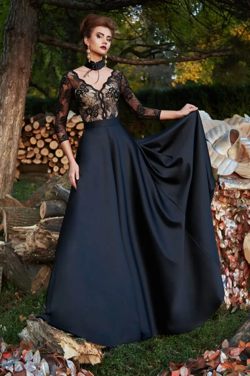 

Sexy Black Lace Evening Dresses Satin V-neck Applique Hollow Out Long Sleeves A Line Floor Length Formal Prom Party Gowns