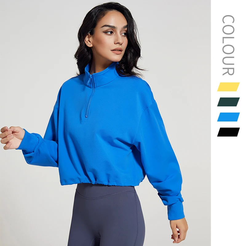 

Stand Collar Fitness Sweater Women's Loose Half Zip Drawstring Long Sleeve Yoga Fit Tops