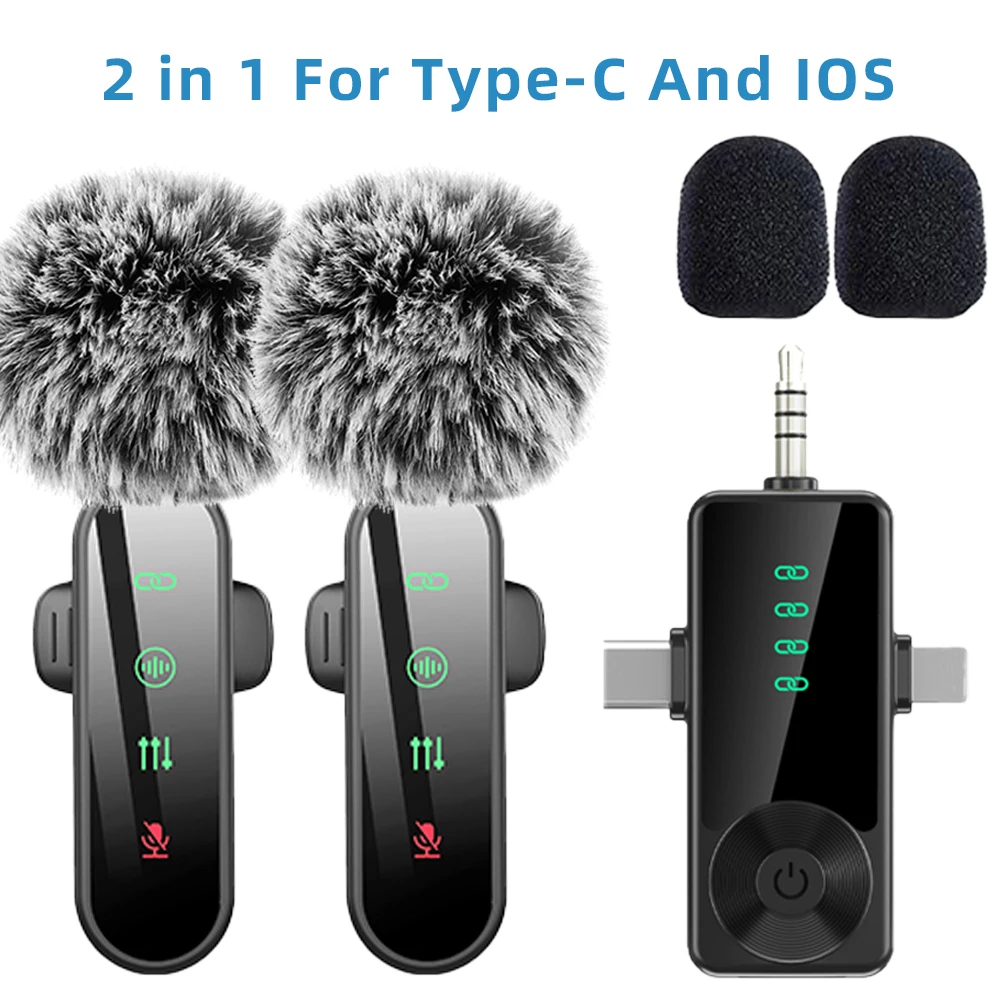 Pink Lavalier Microphone Set with Noise Cancelling & LED Display - Wireless Lapel Mic with Wind Muff (4 Pack)