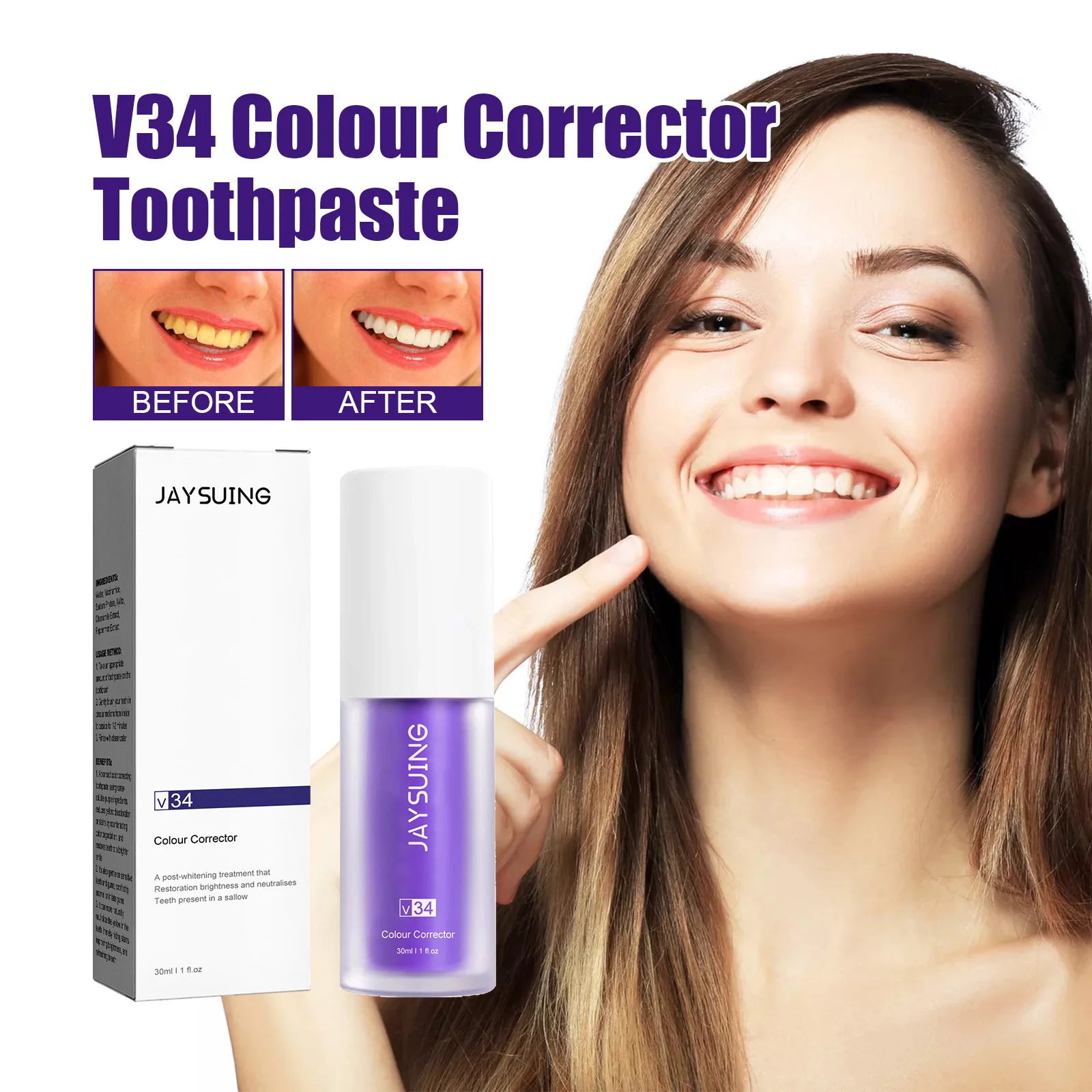 Jaysuing V34 Toothpaste Colour Corrector Teeth Whitening Purple Fresh Breath Brightening Stain Removal Gum Care Cleaner teeth whitening product,teeth health product