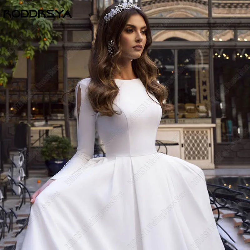 RODDRSYA Simple Satin Wedding Dresses For Women Elegant Long Sleeves Bride Dress A-Line vestidos de novia boda civil Custom Made