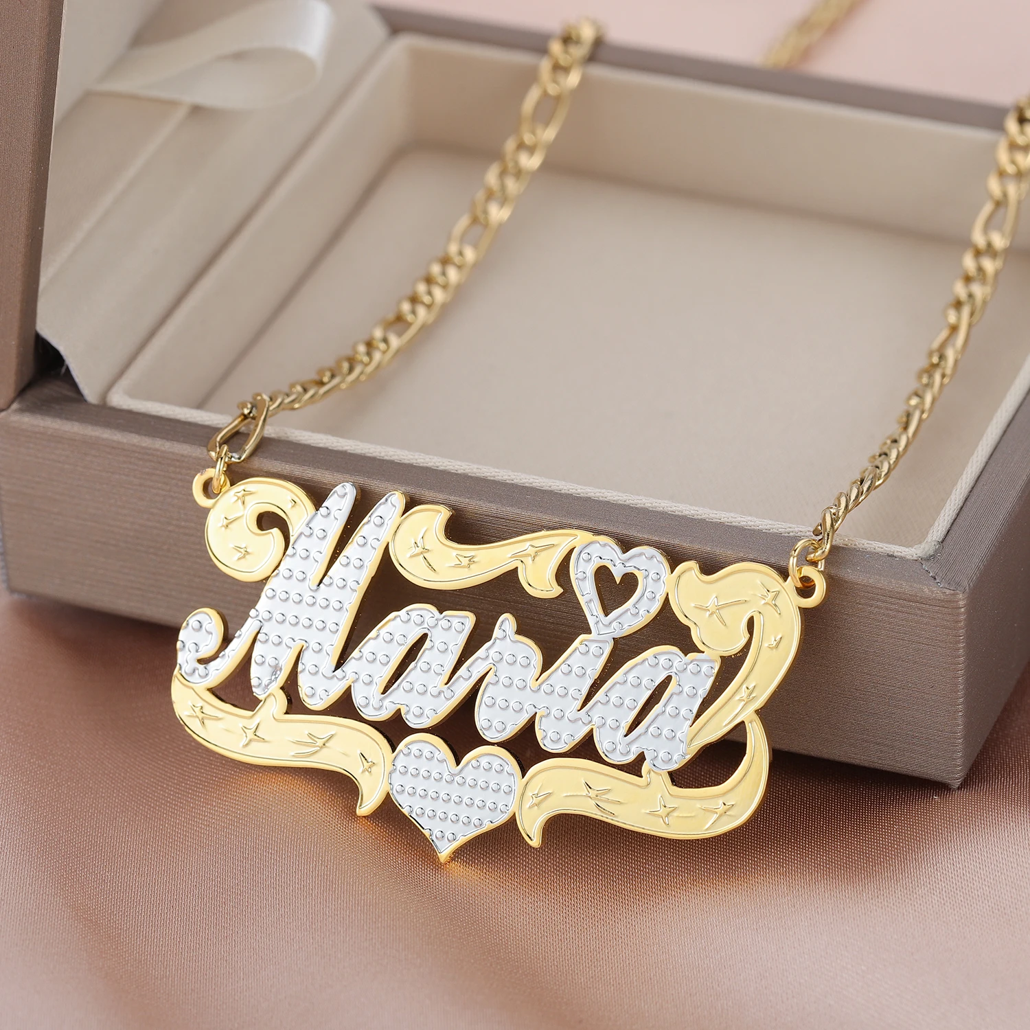 Customized Two Tone Nameplate Necklace With Heart