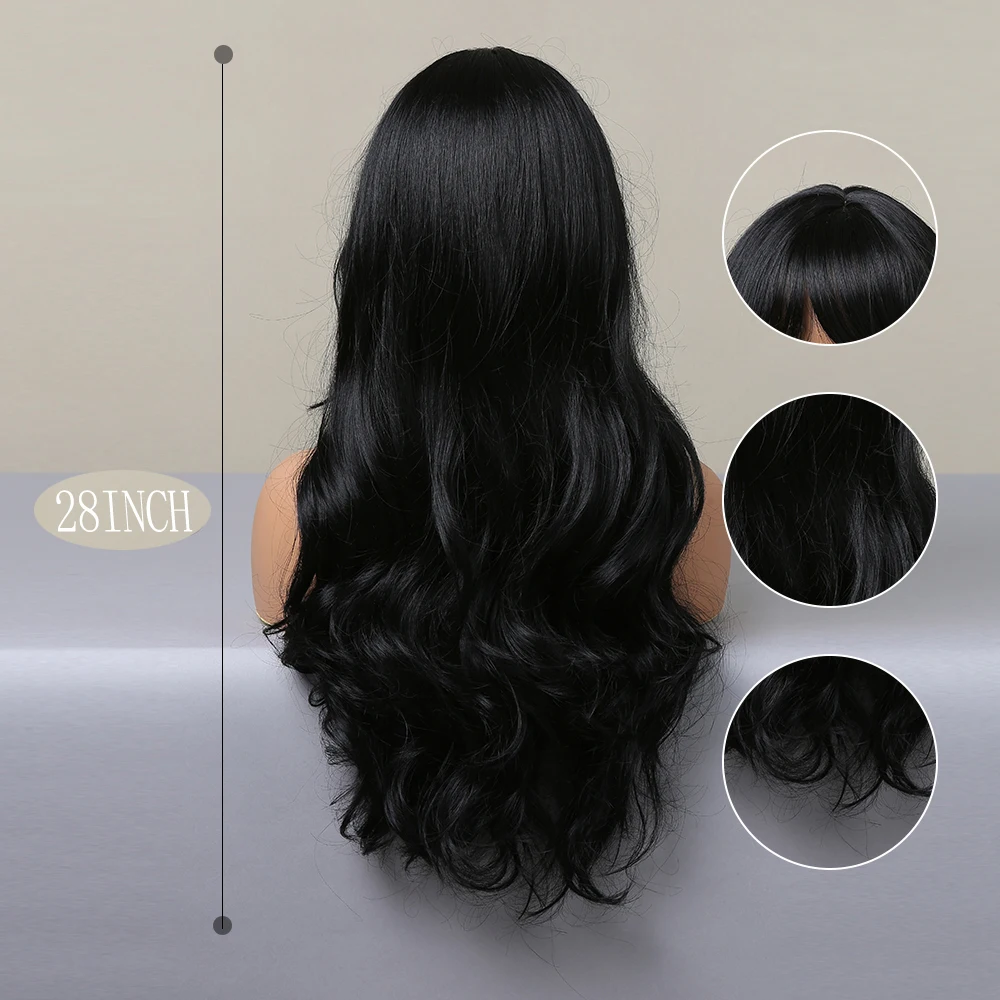 TINY LANA Natural Black Long Wavy Synthetic Wig with Bangs for Women Body Wave Dark Brown Wigs Cosplay Daily Hair Heat Resistant 3