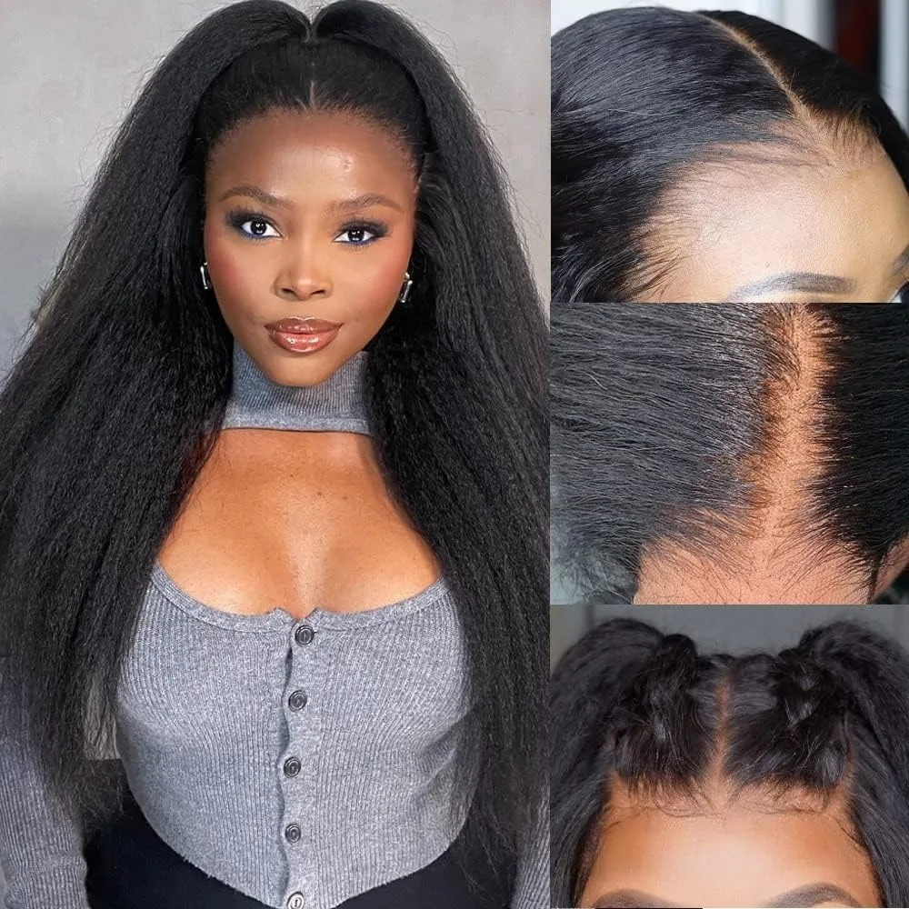 Kinky Straight Yaki Lace Front Human Hair Wig Skinlike Texture 13x4 HD Transparent Lace Pre Plucked Natural Hairline 250 Density 3